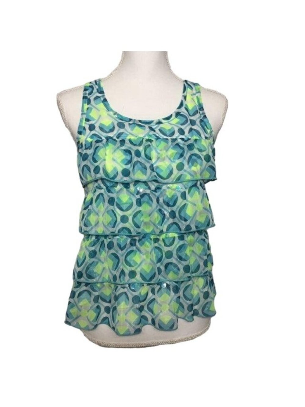 Justice Girls 16 Sleeveless Tiered Blouse Blue Lime Shimmer Ruffle Top Used - Picture 3 of 16